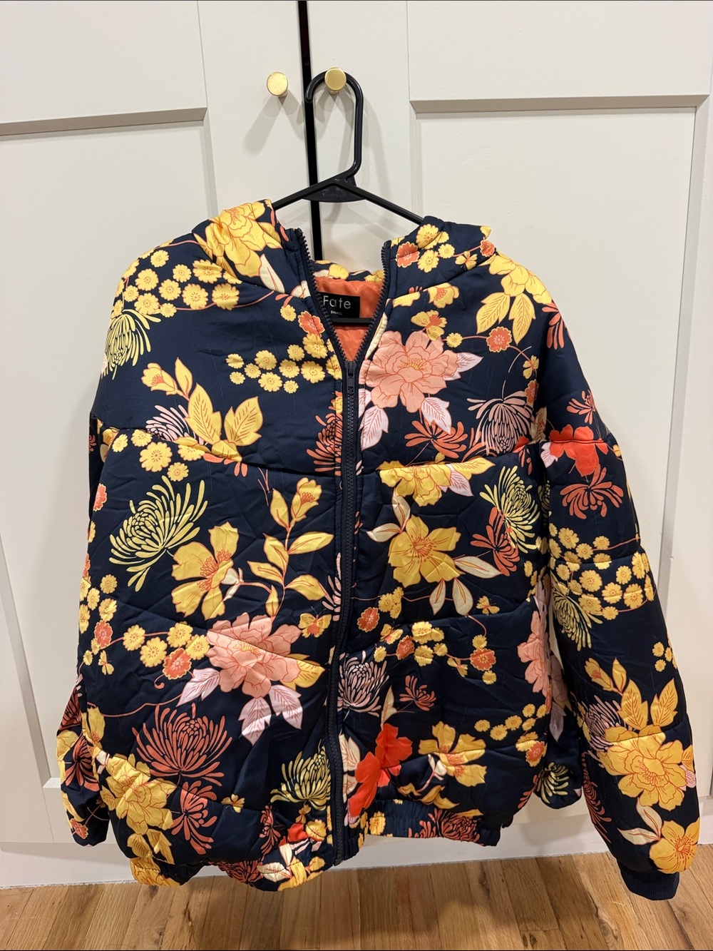 Fate Navy Floral Kids Puffer Jacket with Yellow & Coral Blooms